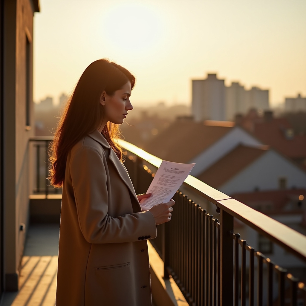 Foreign tenant reviewing a rental listing while standing on a Bucharest apartment balcony