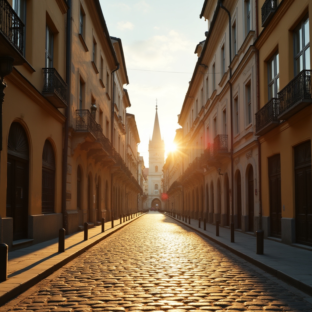Old town street in Bucharest lit by early morning sunlight