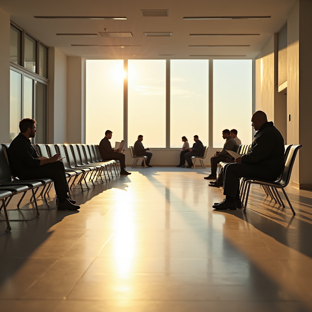 Quiet waiting room with rows of chairs at an immigration office counter